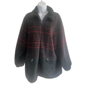 Forecaster Sport Black Fleece Jacket‎ Red Fair Isle Nordic Pattern Zip Up Size S
